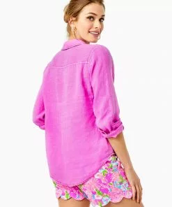 Lilly Pulitzer Tops Sea View Linen Button Down Top (Amethyst)