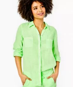 Lilly Pulitzer Tops Sea View Linen Button Down Top (Lime Zest)