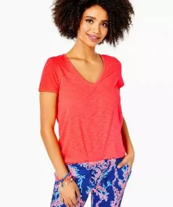 Lilly Pulitzer Tops Etta V-Neck Top (Spicy Coral)