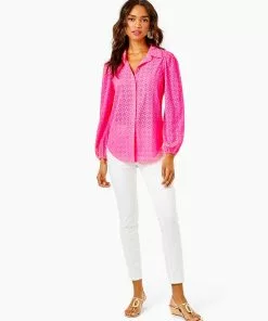 Lilly Pulitzer Sea Breeze Eyelet Button Up (Pink Isle Ditsy Diamond)