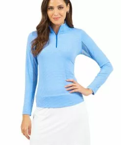 IBKUL Tops Check Long Sleeve Mock Neck Top (Blue/White)