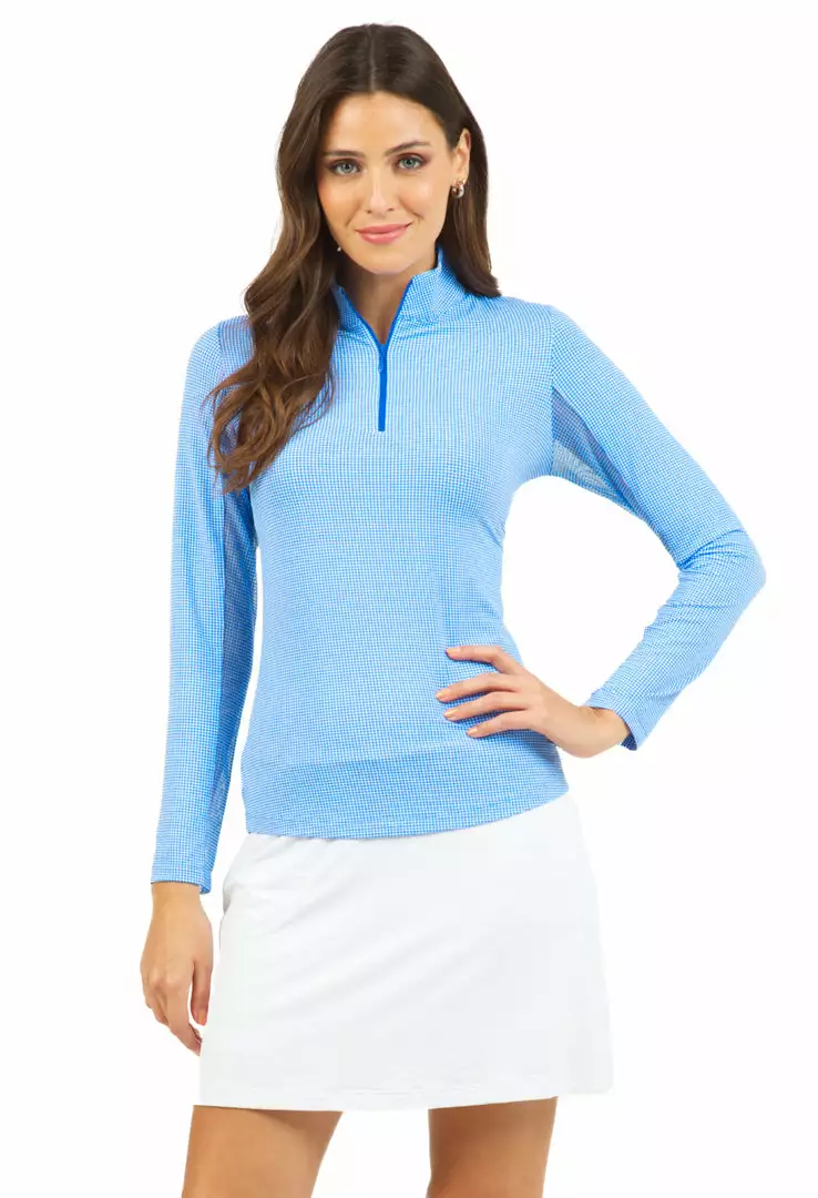 IBKUL Tops Check Long Sleeve Mock Neck Top (Blue/White) 3 IBKUL Tops Check Long Sleeve Mock Neck Top (Blue/White)
