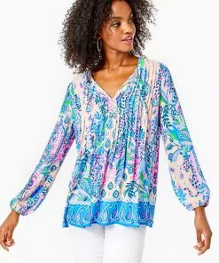 Lilly Pulitzer Marilina Lileeze Long Sleeve Tunic Top (Macadamia Haute Cature) Tops