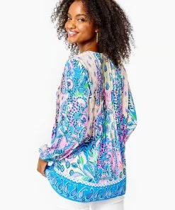 Lilly Pulitzer Marilina Lileeze Long Sleeve Tunic Top (Macadamia Haute Cature) Tops