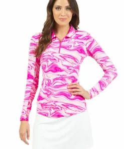 IBKUL Devin Print Long Sleeve Polo (Hot Pink) Tops