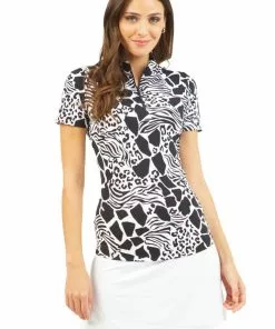 IBKUL Bianca Print Short Sleeve Mock Neck (Black/White)