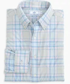 Southern Tide Eddison Plaid Intercoastal Performance Sport Shirt (Heather Light Grey) Tops