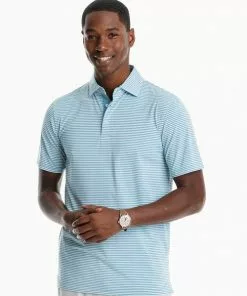 Southern Tide Breeze Shores Stripe Perforated Polo (Turquoise Mist) Tops