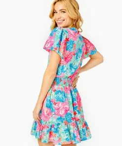 Lilly Pulitzer Maryanne Flutter Sleeve Dress (Surf Blue Luscious Lions) Dresses