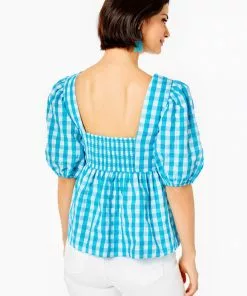 Lilly Pulitzer Tops Sarafina Short Sleeve (Crinkle Gingham)