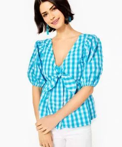 Lilly Pulitzer Tops Sarafina Short Sleeve (Crinkle Gingham)