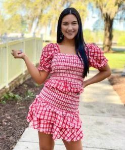 English Factory Plaid Smocked Top With Short Puff Sleeves (Red) Tops