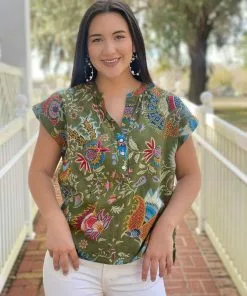 OO Boutique Floral Gigi Henley (Washed Olive) Tops