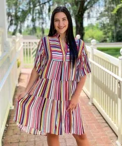 Uncle Frank Multi Stripe Tiered Dress (Multi) Dresses