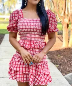 English Factory Plaid Smocked Mini Skirt (Red) Bottoms