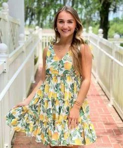 English Factory Dresses Lemon Print Tiered Mini Dress (Yellow)