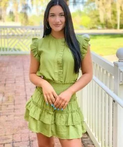 OO Boutique Tops Gathers Flutter Sleeve Top (Olive)