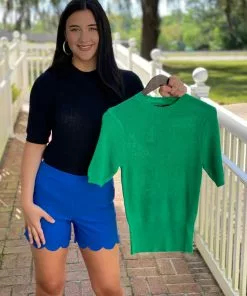 OO Boutique High Neck Fine Knit Top (Green) Tops