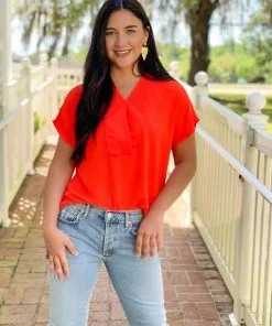 Ivy Jane Tops Banded V-Neckline Top (Neon Red)