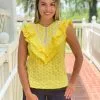 OO Boutique Lace Trim Ruffles Top (Citrus Emb)