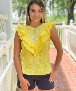 OO Boutique Lace Trim Ruffles Top (Citrus Emb)