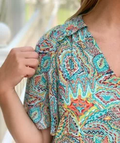 OO Boutique Tops V-Neck Smock Shou Top (Mosaic)