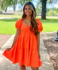 English Factory Dresses Classic Sweetheart Tiered Puff Sleeve Mini Dress (Orange)
