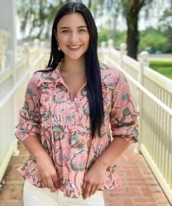 Ivy Jane Tops Metallic Floral Top (Coral)