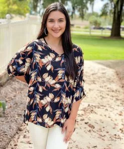 Adrienne Floral Print Oversized V-Neck Top (Black/Rust) Tops