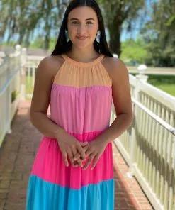 OO Boutique Tiered Halter Maxi Dress (Rainbow)