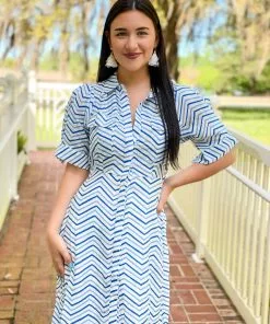 Wild Pony Maxi Shirt Dress (Blue Zig Zag)