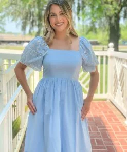 OO Boutique Embroidered Midi With Scalloped Hem (Light Blue) Dresses