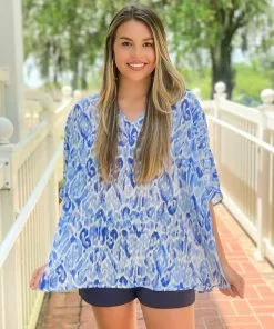 Jade V-Neck Pullover (Blue Ikat)