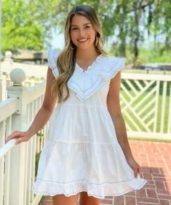 English Factory Contrast Embroidery Ruffled Mini Dress (White) Dresses