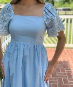 OO Boutique Embroidered Midi With Scalloped Hem (Light Blue) Dresses