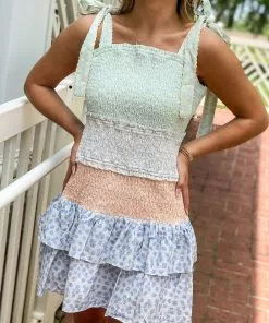 English Factory Floral Embroidery Colorblock Mini Dress (Pink)