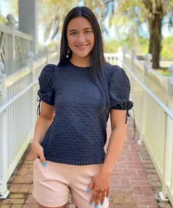 English Factory Checked Sheer Puff Sleeve Blouse (Black) Tops