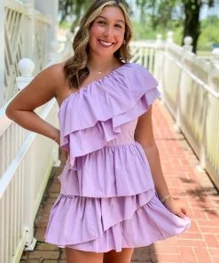 OO Boutique One-Shoulder Ruffled Mini Dress (Lilac)