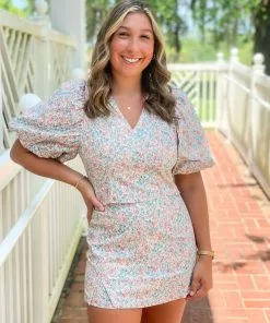 OO Boutique Tops Floral Puff Sleeve Cropped Top (Pink Multi)