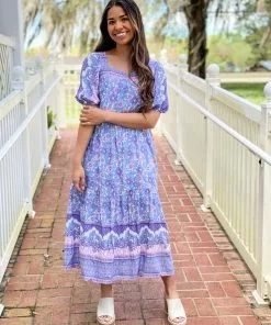 OO Boutique Dresses Floral Print Midi Dress (BL)