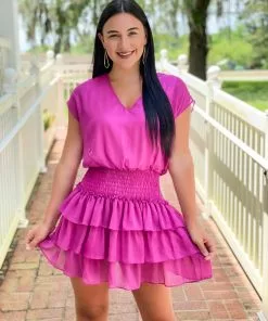 Adrienne Solid Foil Drop Shoulder Tiered Dress (Magenta) Dresses