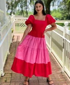 English Factory Dresses Color Block Puff Sleeve Maxi Dress (Red)
