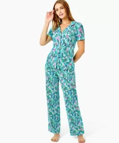 Lilly Pulitzer PJ Knit SS Button Up Top (Barking Up The Palm Tree)