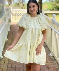 OO Boutique Floral Jacquard Tiered Midi High Low (Yellow) Dresses