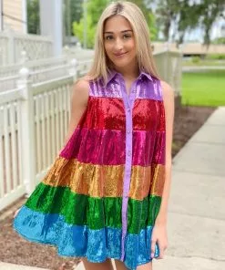 OO Boutique Rainbow Sequin Tiered Dress Dresses
