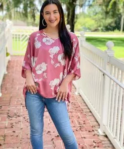 OO Boutique Satin Floral V-Neck Oversized Top (Mauve/Taupe)