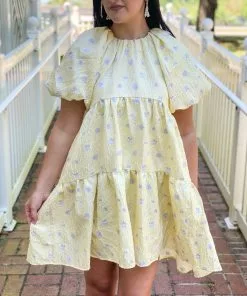 OO Boutique Floral Jacquard Tiered Midi High Low (Yellow) Dresses