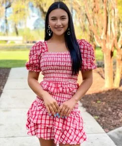 English Factory Plaid Smocked Mini Skirt (Red) Bottoms