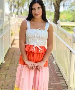 OO Boutique Dresses Color Block Tied Detail Shirring Dress (Multi)