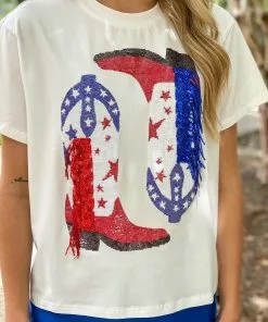 Only Options Red & Blue Fringe Boots Tee Tops